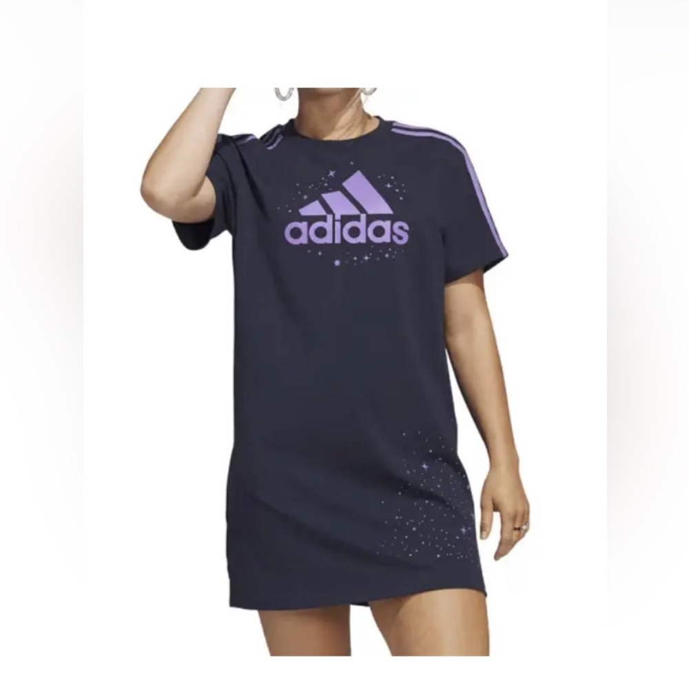 adidas Black Midi T-Shirt Dress with Purple Logo & Stripes